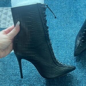 SCHUTZ Black Crocodile-Embossed Heeled Boots